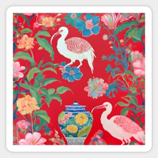 Grandmillennial chinoiserie red ibis and Ming ginger jar Sticker